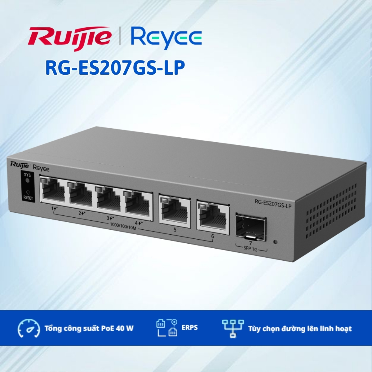 Bộ chuyển mạch PoE thông minh Ruijie Reyee RG-ES207GS-LP Tổng công suất PoE 40 W, Chống sét 6 kV, Quản lý Cloud