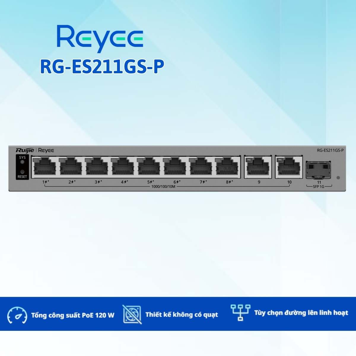 Bộ chuyển mạch PoE thông minh Ruijie Reyee RG-ES211GS-P 11 cổng, Tổng công suất PoE 120 W, Không quạt, Vận hành êm ái