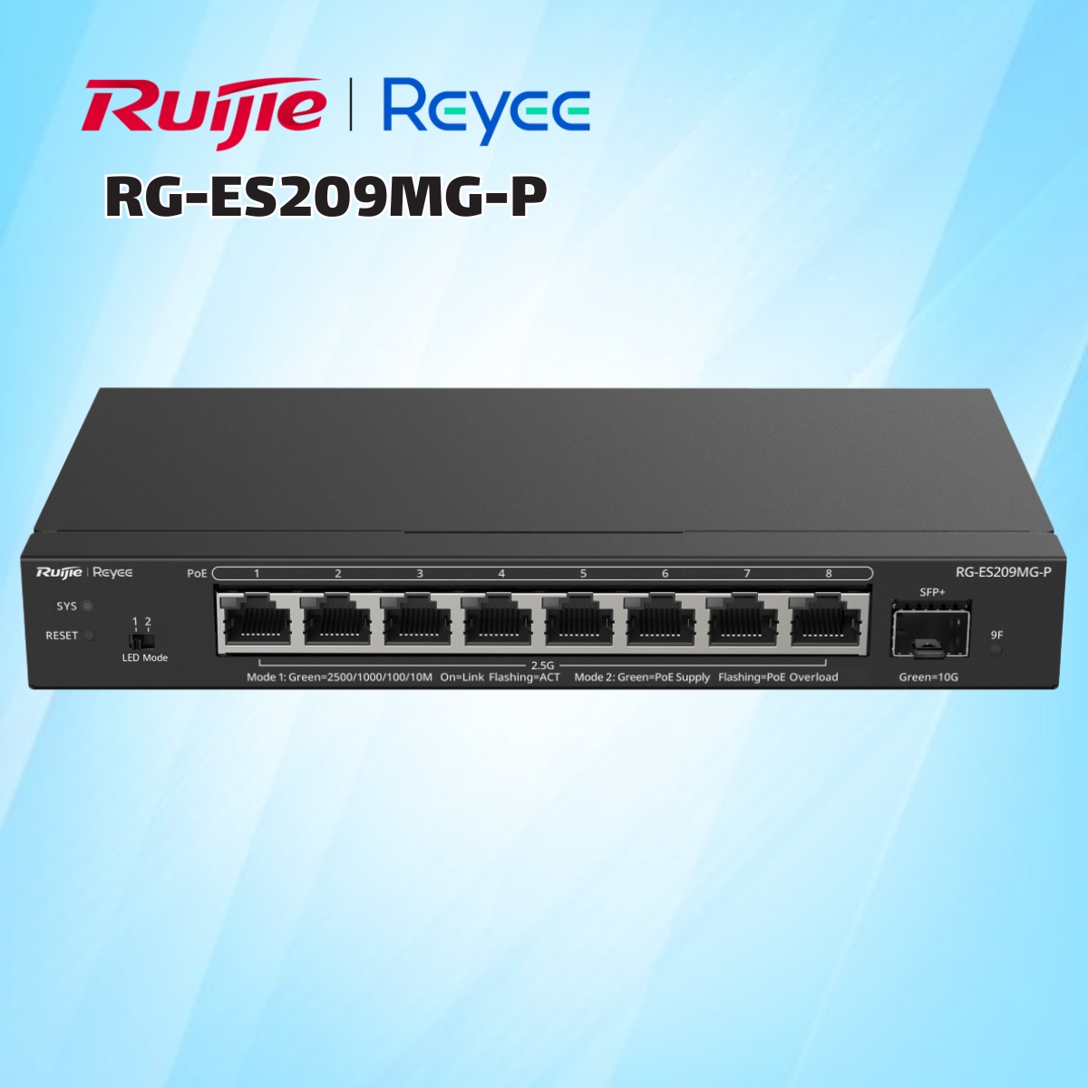 Thiết bị chuyển mạch PoE Ruijie RG-ES209MG-P 8 cổng 2,5 Gigabit, Được quản lý trên Cloud, 1 x Đường lên SFP+