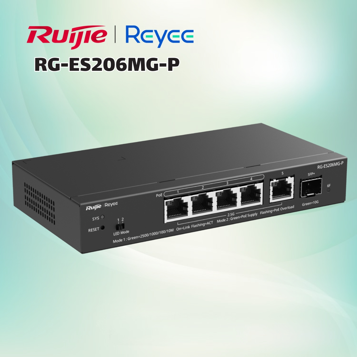 Thiết bị chuyển mạch PoE 5 cổng 2,5G Ruijie RG-ES206MG-P Quản lý trên Cloud,  1 x Đường lên SFP+