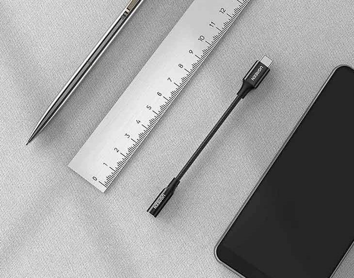 Cáp chuyển USB Type C sang 3.5mm Ugreen 70858 Dài 0.1M, Màu đen, Lõi đồng nguyên chất