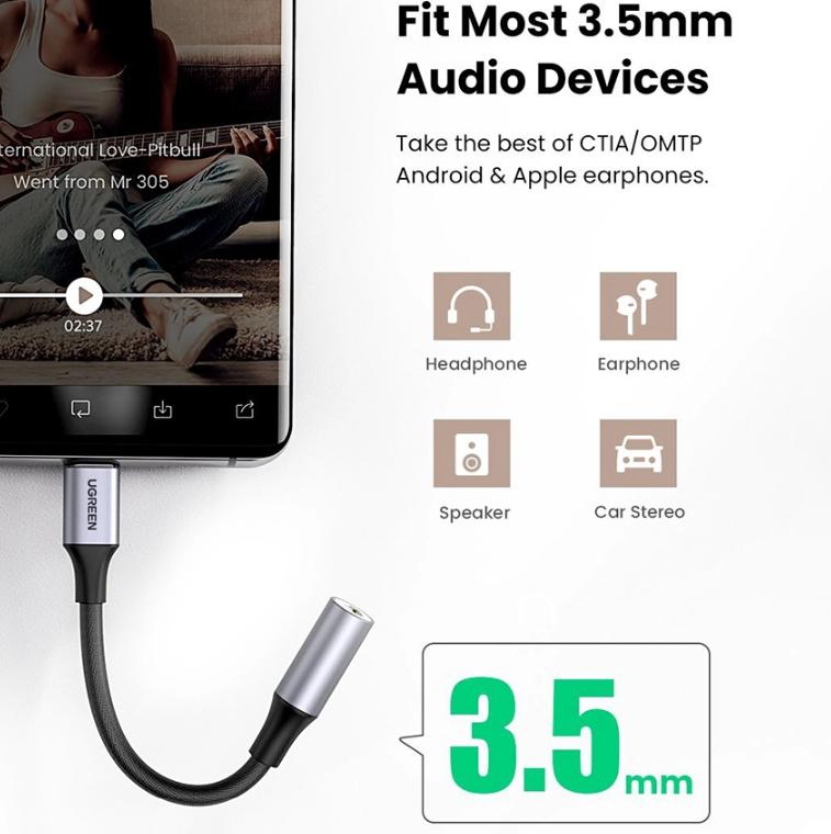 Cáp chuyển Type-C ra cổng âm thanh 3.5mm Ugreen 80154 10cm Màu xám, Dây bện nylon