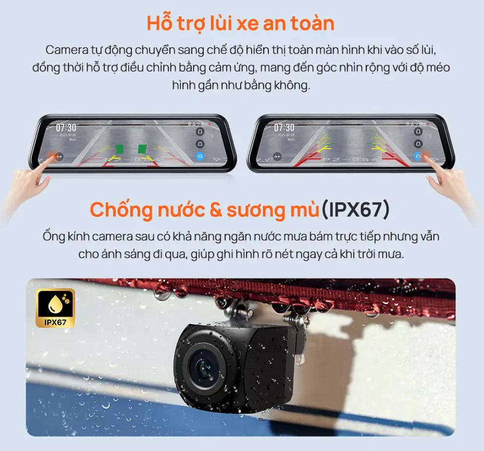 Camera hành trình dạng gương 70mai S410 Ghi hình kép trước & sau, Giám sát đỗ xe 24/7, Thẻ nhớ 256GB (GPS rời)