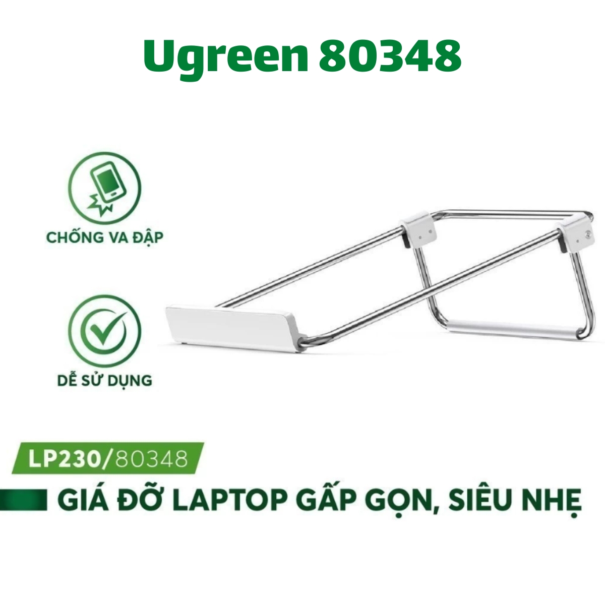 Giá đỡ laptop Ugreen 80348 LP230 Kèm tản nhiệt, Màu bạc, Khung gấp gọn, Dễ dàng điều chỉnh độ cao