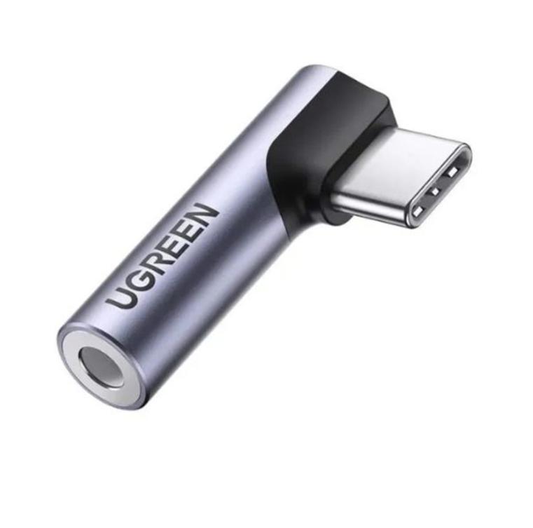 Cáp chuyển đổi Ugreen 80384 USB Type C to 3.5mm, Bẻ góc 90°, Chiều dài 10cm, Màu đen