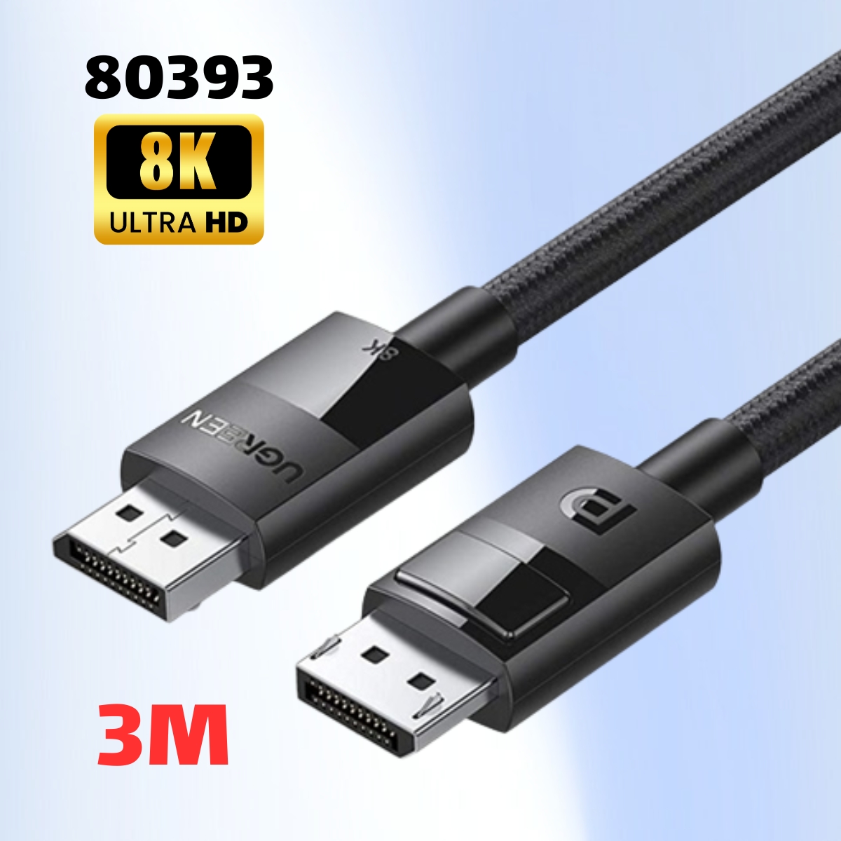 Cáp Displayport 1.4 Ugreen 80393 Dài 3m, Hỗ trợ độ phân giải 8K, Băng thông 32.4Gbps