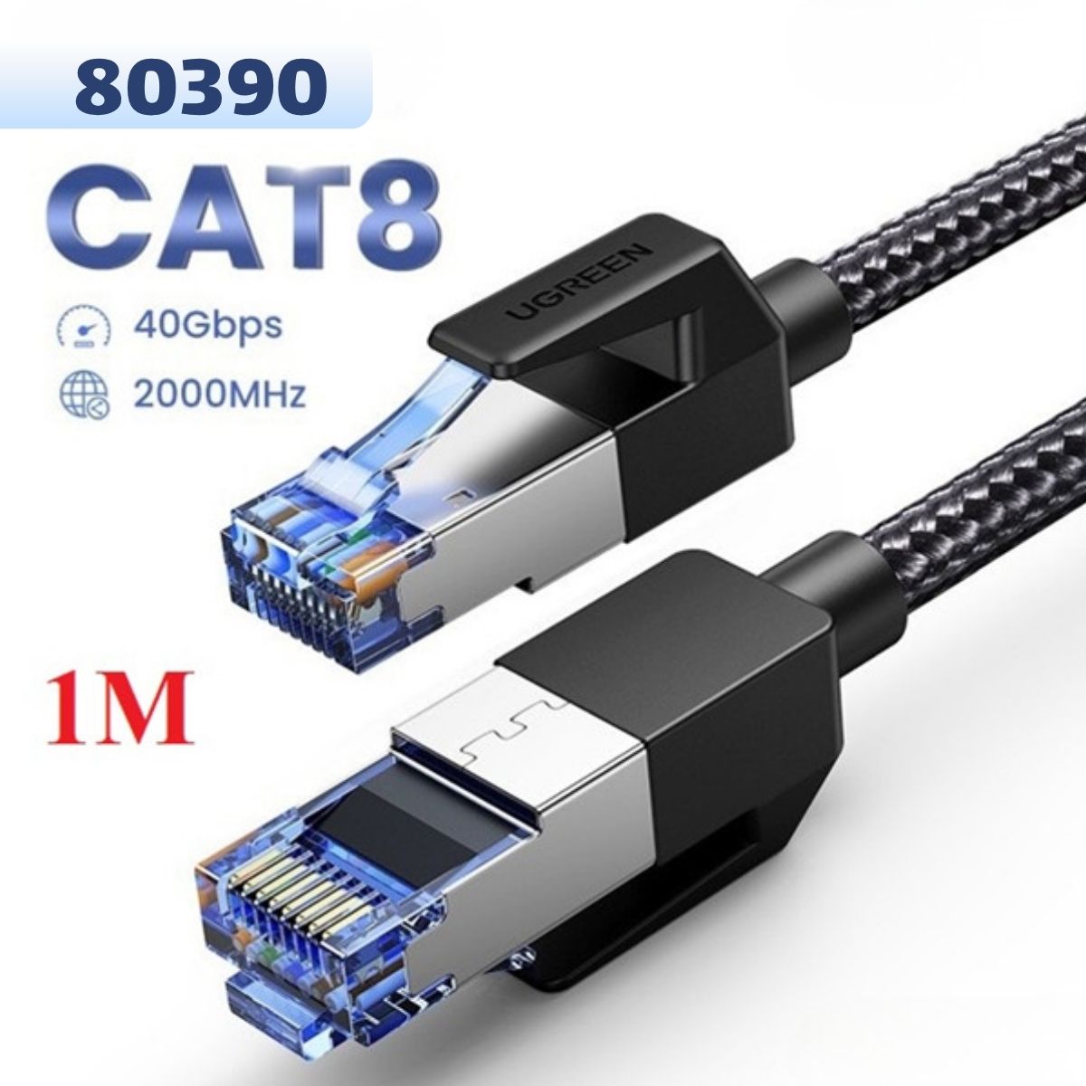 Cáp mạng Cat 8 Ugreen 80429 dài 1m, Đúc sẵn 2 đầu S/FTP, Tốc độ 40Gbps, Vỏ bọc dù, Lõi đồng nguyên chất