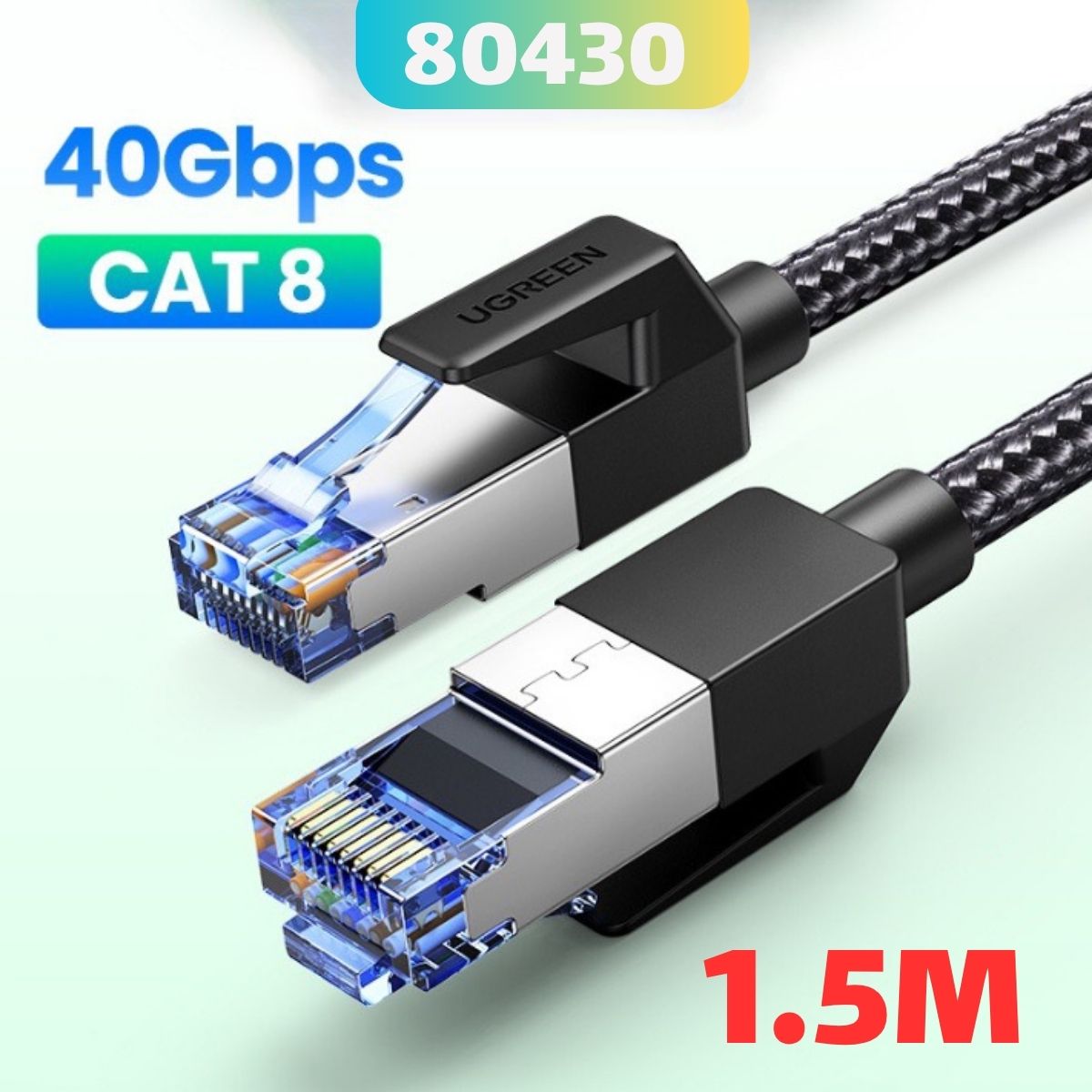 Cáp mạng Cat 8 Ugreen 80430 dài 1.5m đúc sẵn 2 đầu S/FTP, Tốc độ 40Gbps, Băng thông 2000 MHz, Bọc dù, Lõi đồng