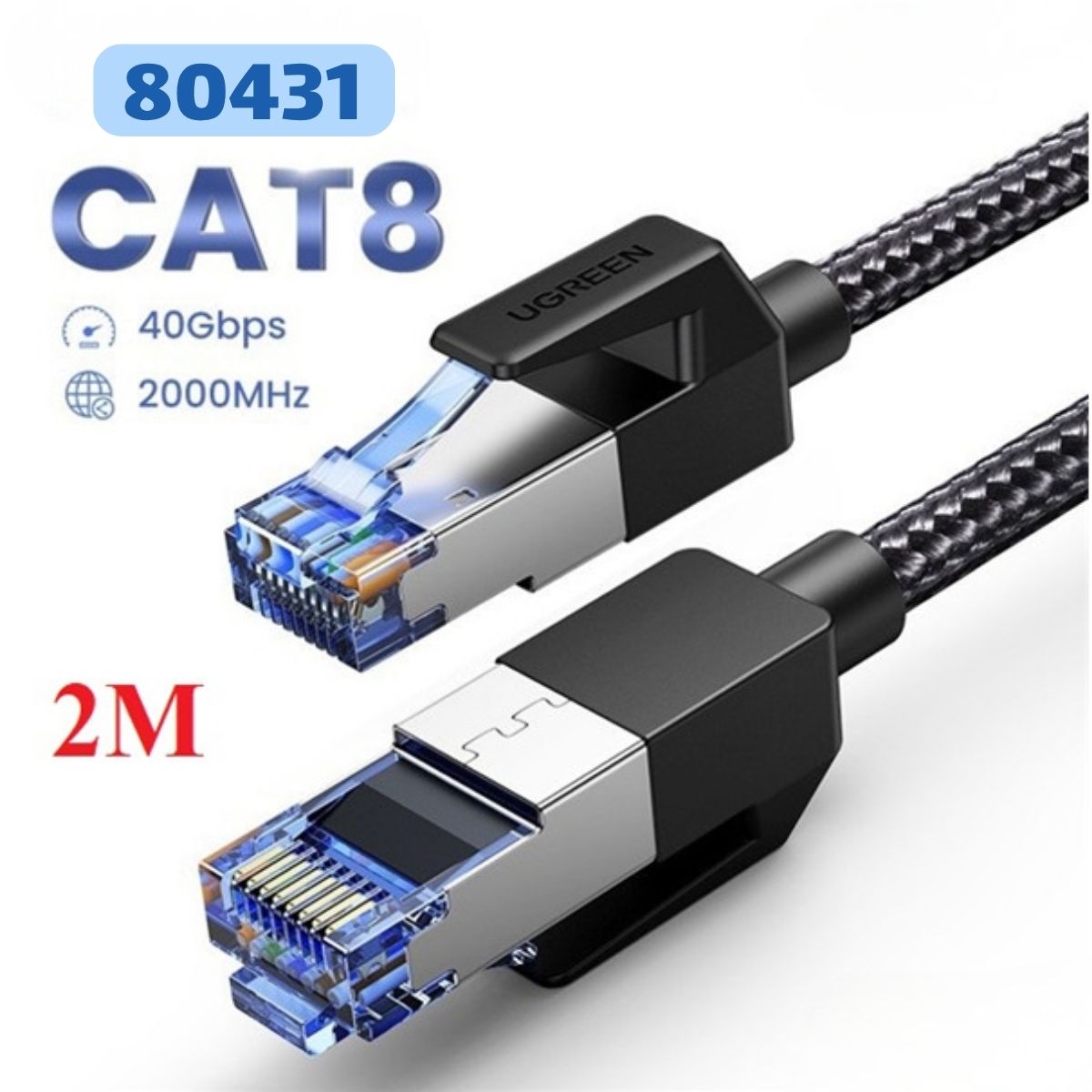Cáp mạng Cat 8 Ugreen 80431 dài 2m đúc sẵn 2 đầu S/FTP, Tốc độ 40Gbps, Băng thông 2000 MHz, Đầu nối mạ vàng