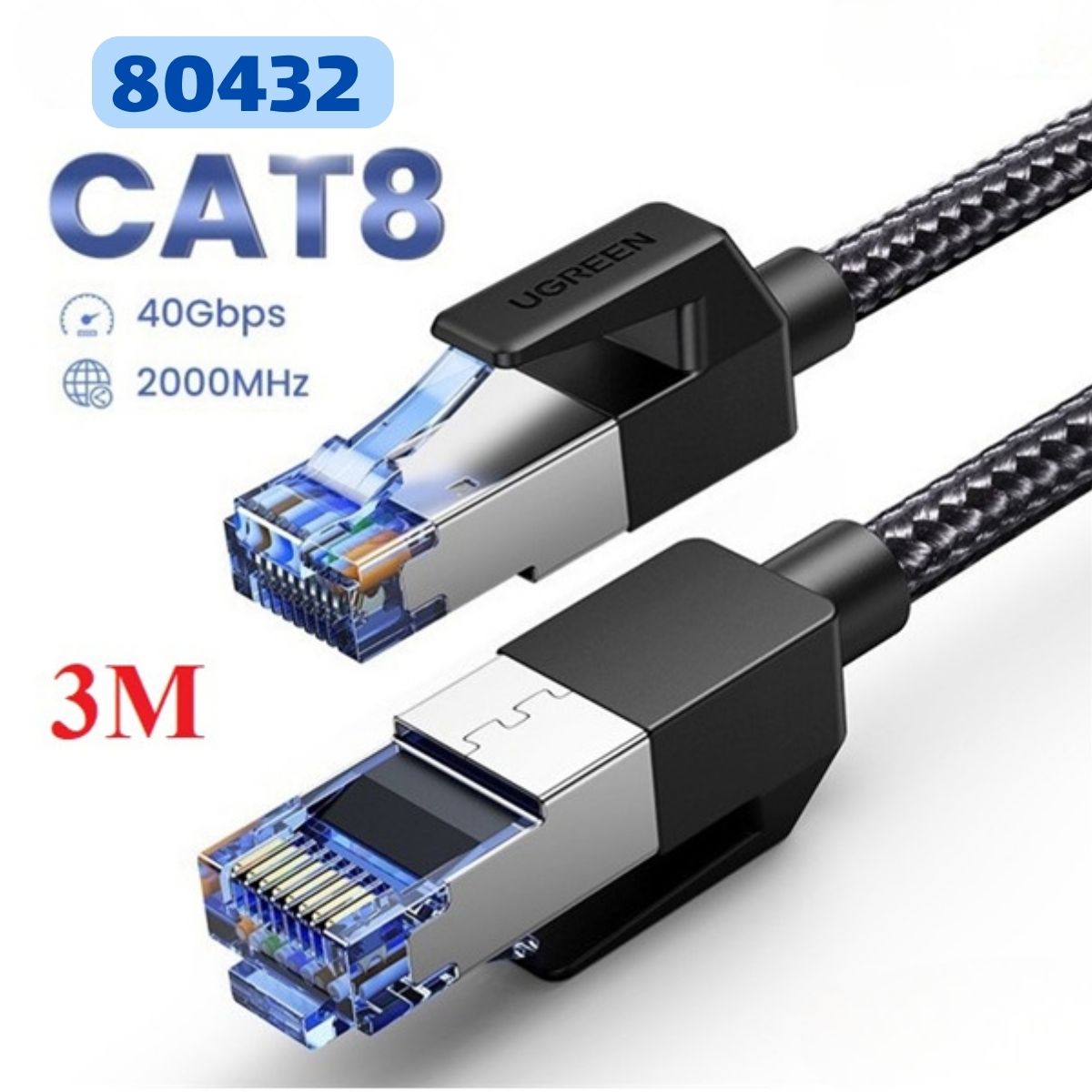 Cáp mạng Cat 8 Ugreen 80432 dài 3m đúc sẵn 2 đầu S/FTP, Tốc độ 40Gbps, Băng thông 2000MHz, Vỏ bọc dù 