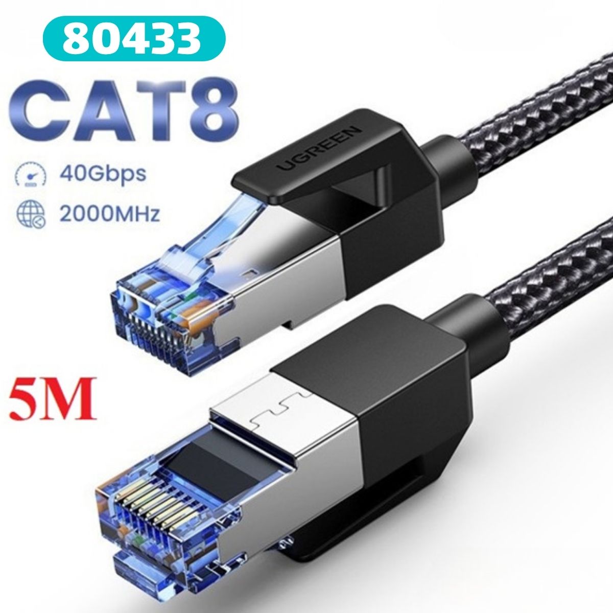 Cáp mạng Cat8 đúc sẵn bọc dù dài 5M Ugreen 80433 Băng thông 2000 MHz, Tốc độ 40 Gbps