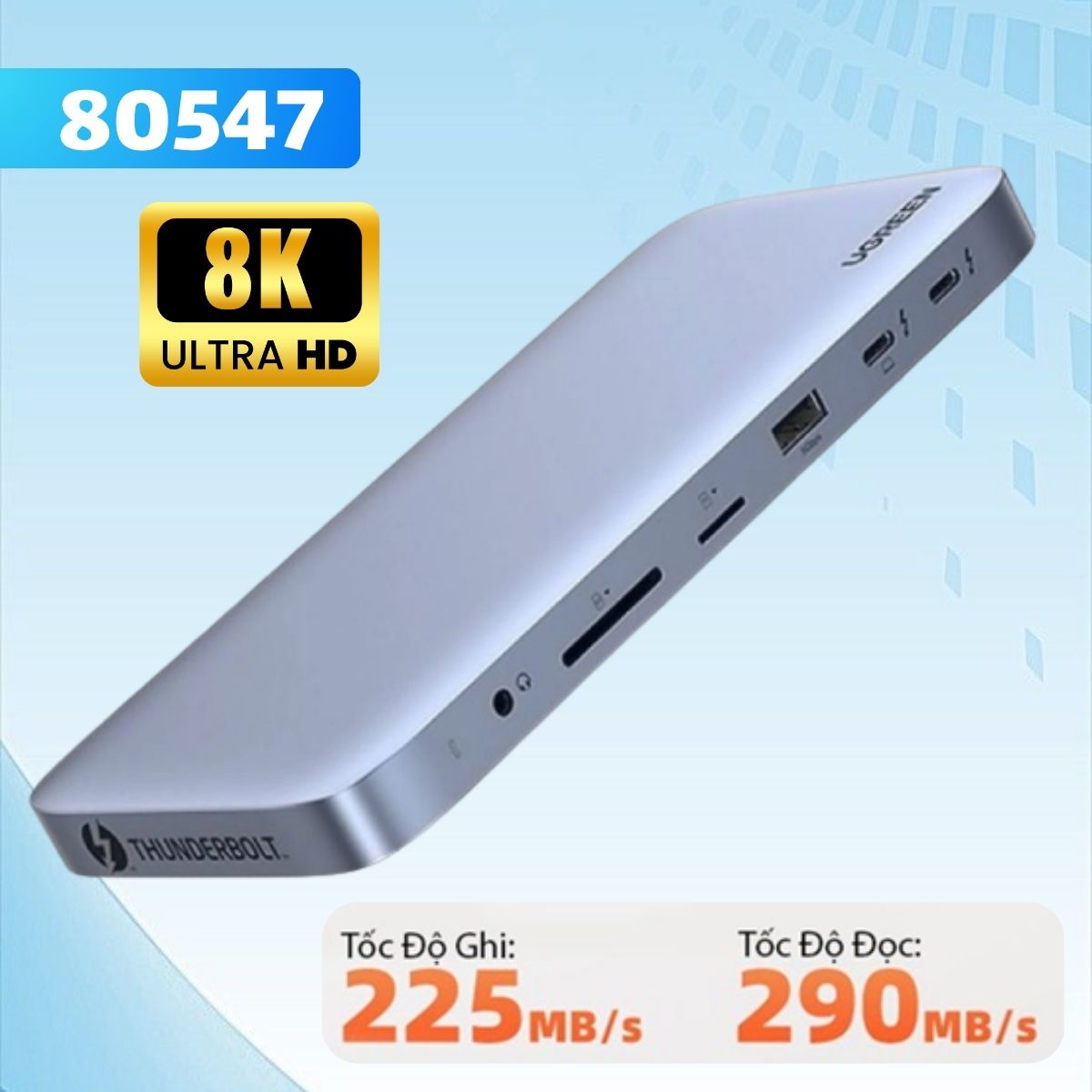Bộ mở rộng tín hiệu Ugreen 80547 10 in 1 DP 8K@60Hz/USB 3.1/Lan Gigabit/SD/TF/Sạc PD 60W 