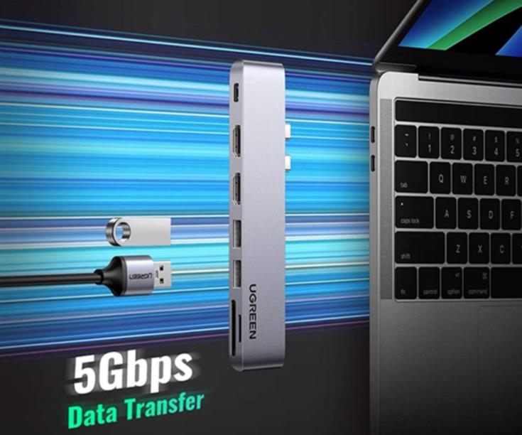 Hub USB-C đa năng 7 in 2 Ugreen 80548 dùng cho Macbook, Chuẩn USB 3.0 tốc độ truyền tải 5Gbps