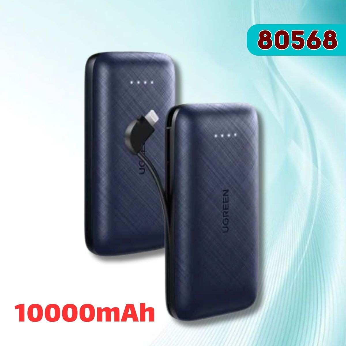 Pin dự phòng Ugreen 80568 10000mAh Blue PD sạc nhanh kèm cáp Lightning, cổng USB loại CF + USB F + Lightning PB172