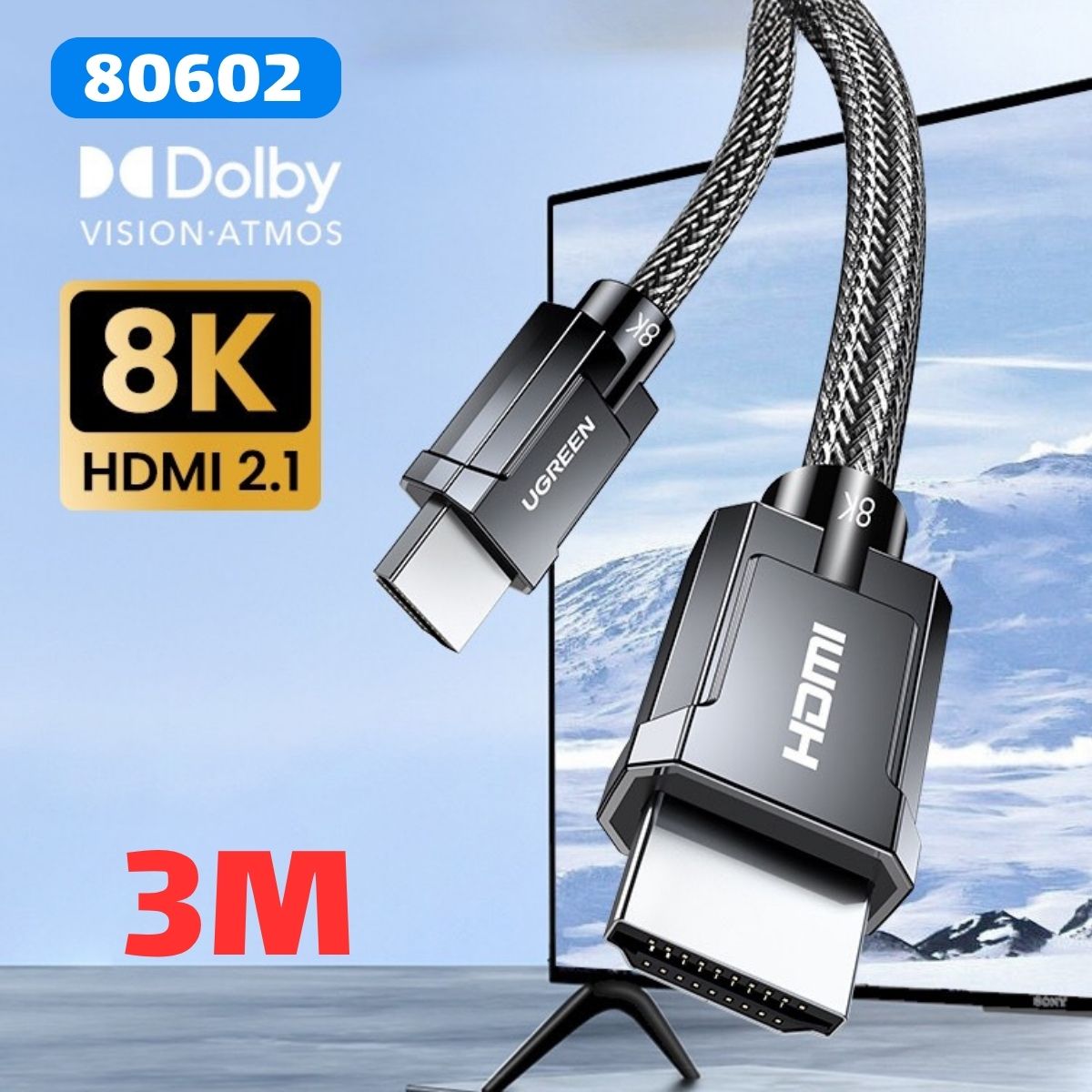 Cáp HDMI 2.1 Ugreen 80602 dài 3M, Độ phân giải 8K/60Hz, Băng thông 48 Gbps, Dây đồng nguyên chất