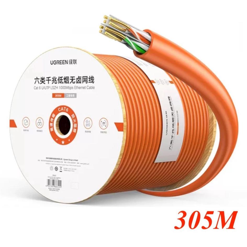 Cáp mạng Lan CAT 6 chống cháy LSZH Ugreen 80642, Lõi đồng nguyên chất, Dài 305M OD 0.57+0.008mm 23AWG Màu Đỏ Cam NW201