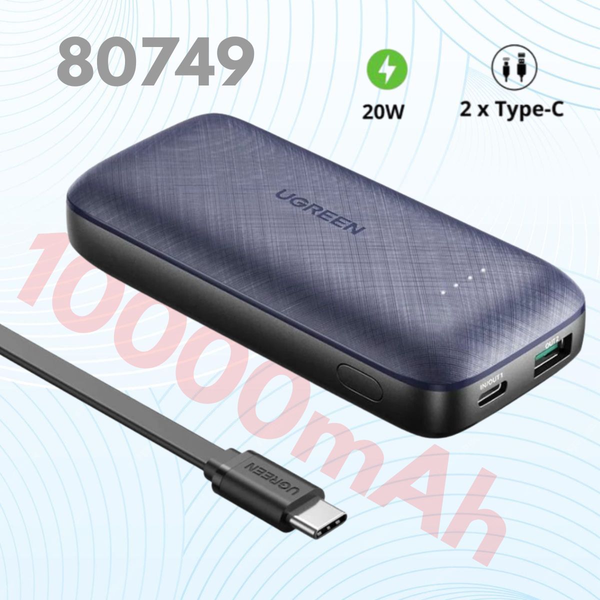 Pin sạc dự phòng 10000mAh Ugreen 80749 Cổng USB và Type C, 2 USB-C (PD và QC)