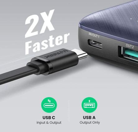 Pin sạc dự phòng 10000mAh Ugreen 80749 Cổng USB và Type C, 2 USB-C (PD và QC)