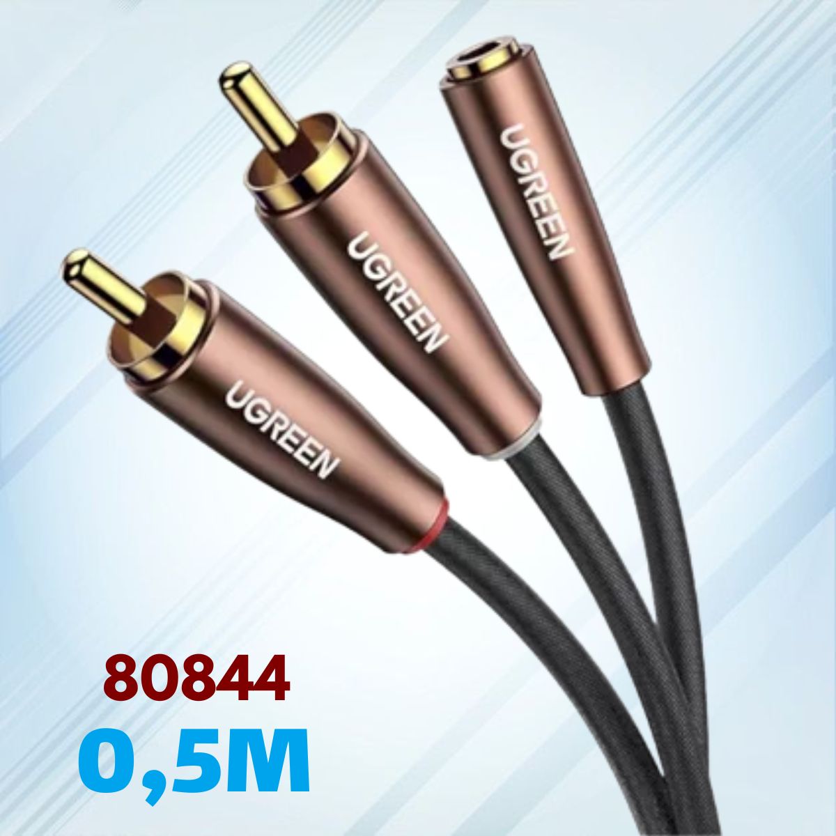 Cáp Aux Ugreen 80844 0,5m 3,5mm Nam đến 2 * RCA Vỏ đồng Bện, Màu đen với đầu nâu AV170 10080844