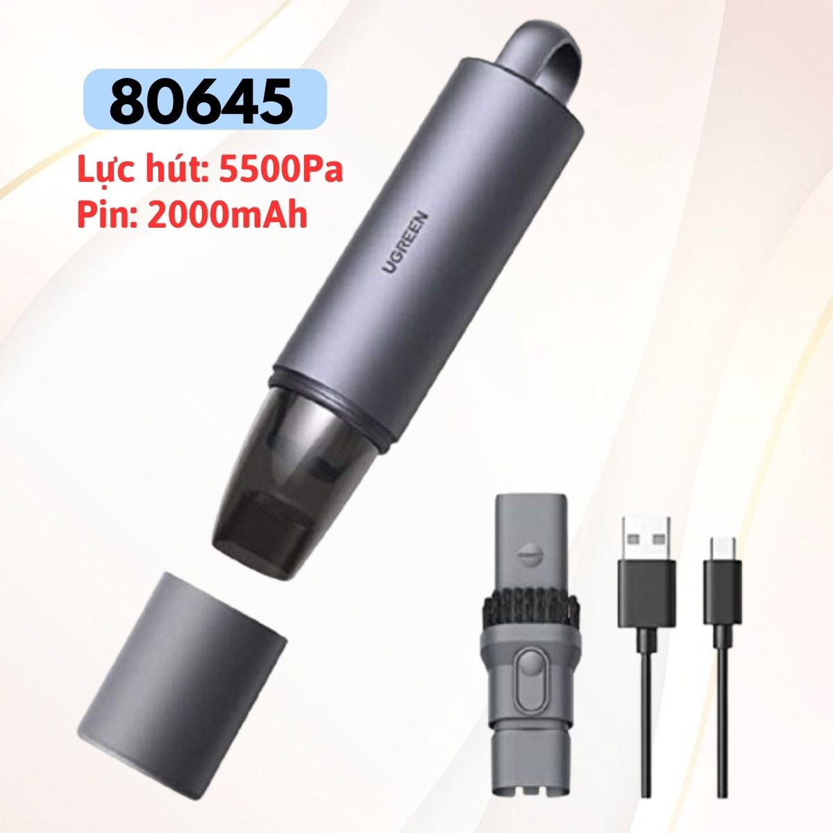 Máy hút bụi ô tô di động Ugreen 80645 Công suất cao 5500Pa 85W pin 2000mAh