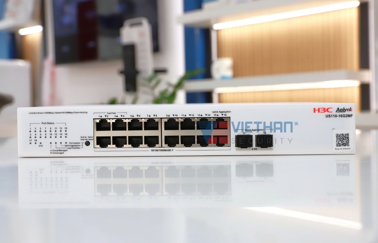 Switch PoE+ Managed H3C Aolynk US110-16G2MF 16 cổng LAN Gigabit & 2 cổng SFP, PoE 225W, Chống sét 6KV