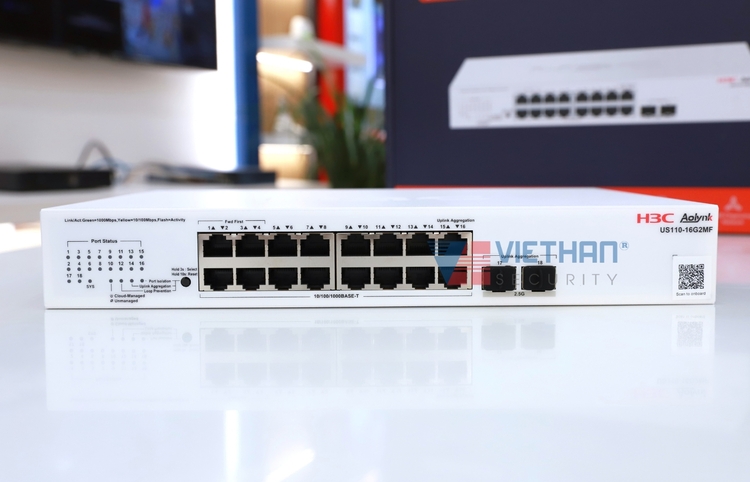 Switch PoE+ Managed H3C Aolynk US110-16G2MF 16 cổng LAN Gigabit & 2 cổng SFP, PoE 225W, Chống sét 6KV