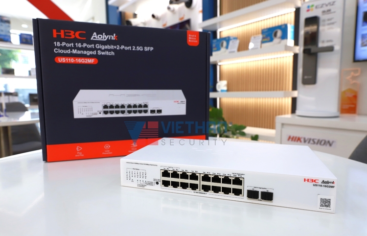 Switch PoE+ Managed H3C Aolynk US110-16G2MF 16 cổng LAN Gigabit & 2 cổng SFP, PoE 225W, Chống sét 6KV