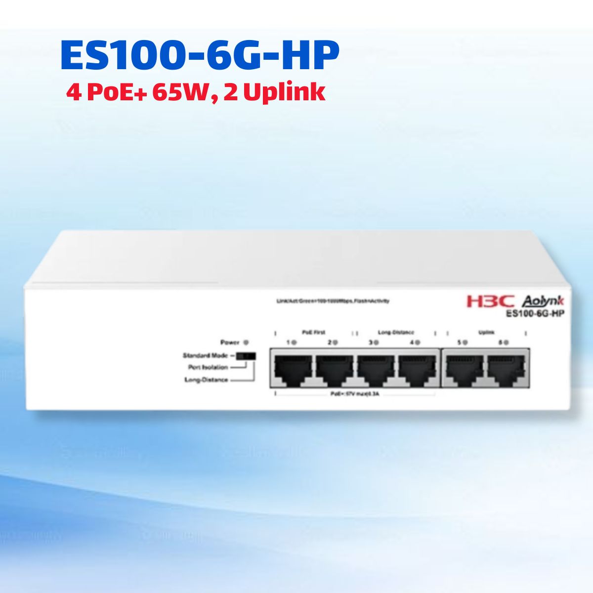 Switch PoE Gigabit 6 Cổng H3C Aolynk ES100-6G-HP - 4 PoE+ 65W, 2 Uplink, PoE Watchdog, Băng thông 12Gbps