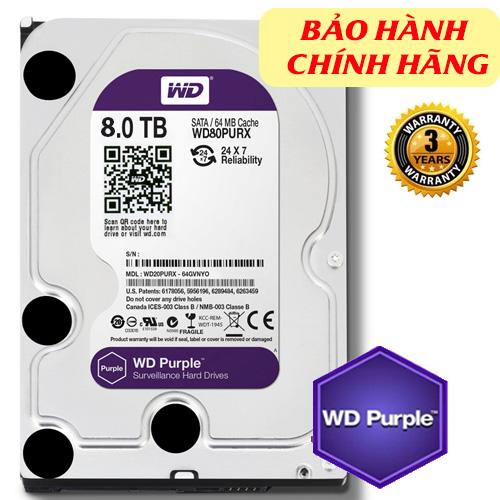 HDD Western Purple WD82PURZ 8TB 3.5" SATA 3/ 256MB Cache/ 7200RPM  dòng ổ cứng chuyên dụng cho camera.