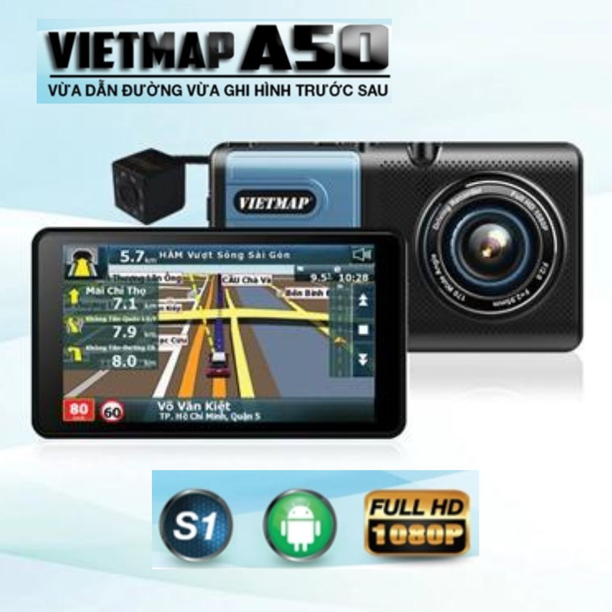 Camera hành trình android Vietmap A50 dẫn đường và ghi hình trước, sau cảnh báo tốc độ giới hạn