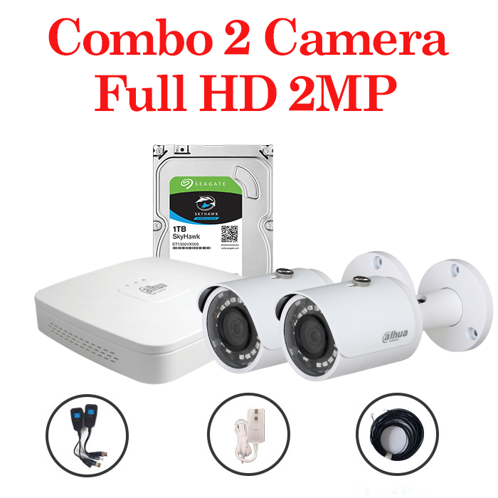 Trọn bộ 2 Camera HAC-HFW1200SP-S4 + 1 Đầu ghi hình 4 kênh Dahua độ phân giải 2 Megapixel