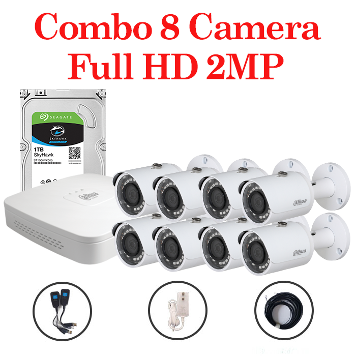 Trọn bộ 8 Camera HAC-HFW1200SP-S4 + 1 Đầu ghi hình 8 kênh Dahua độ phân giải 2 Megapixel