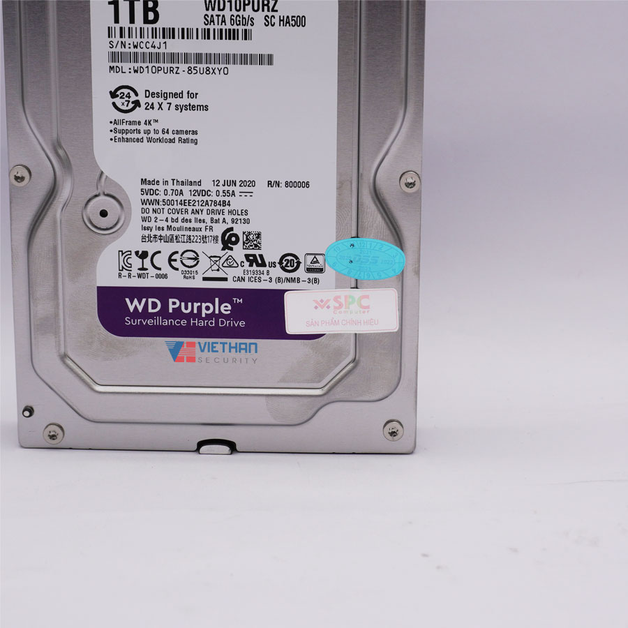 Western Purple 1TB WD10PURZ 3.5" SATA 3/ 64MB Cache/ 5400RPM dòng ổ cứng chuyên dụng cho camera ( chính hãng)