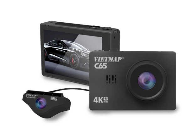 Camera hành trình 4K Vietmap C65 ghi hình Trước & Sau xe, phát wifi tải dữ  liệu, cảnh báo biển báo