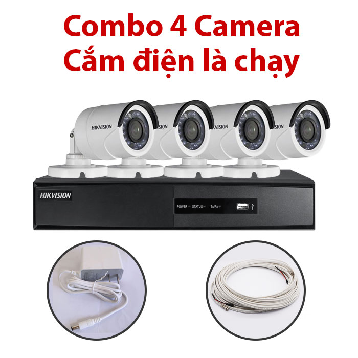 Trọn bộ 4 Camera DS-2CE16C0T-IR + Đầu ghi hình HIKVISION, có sẵn phụ kiện, cắm điện là chạy