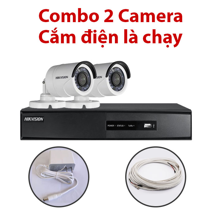 Trọn bộ 2 Camera DS-2CE16C0T-IR + Đầu ghi hình HIKVISION, có sẵn phụ kiện, cắm điện là chạy