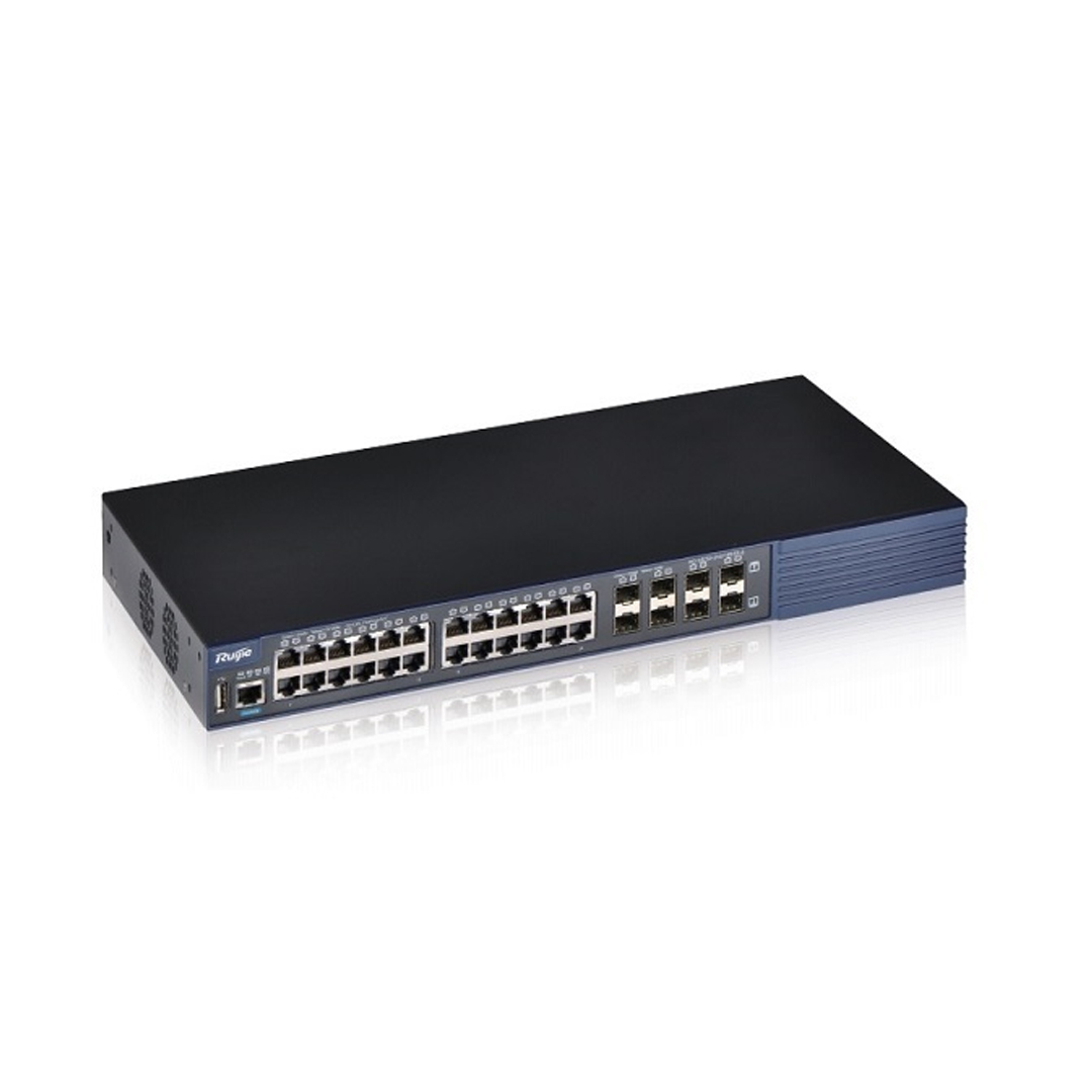 Thiết bị mạng HUB -SWITCH Ruijie RG-S5750-24SFP/8GT-E (RG-S5750-24SFP/8GT-E Ethernet Switch, 24 GE SFP, 8-Port 10/100/1000Base-T Combo Ports, 2 Extension Slots (Stack or Uplink),  2 Slots for Power Supply, 1 USB 2.0)