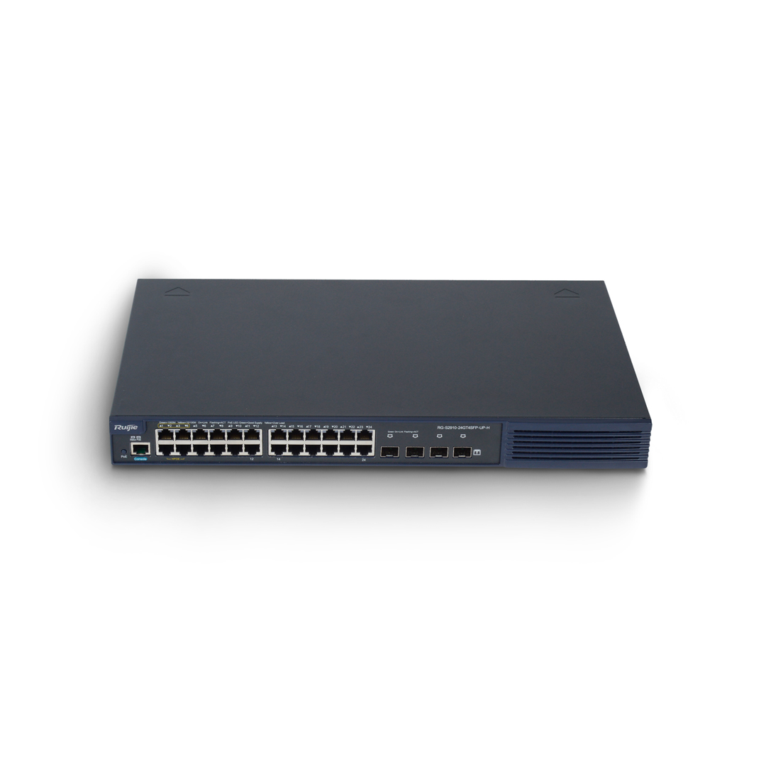 Thiết bị mạng HUB -SWITCH Ruijie RG-S2910-24GT4XS-UP-H (24 10/100/1000BASE-T ports (PoE/ PoE+), 4 1G/10G SFP+ ports (noncombo) uplink, Port 1-4 for HPoE, AC)