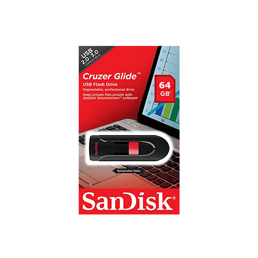 USB SanDisk Cruzer Glide 3.0 USB Flash Drive CZ600 64GB USB3.0 Black with red slider retractable design SDCZ600-064G-G35