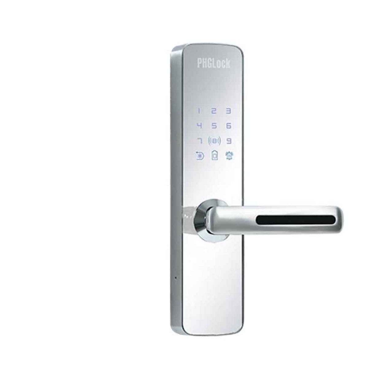 Khóa cửa tay gạt cho căn hộ, nhà phố PHGLock KR7153 Mica gương bạc, thẻ MI, mật mã và chìa khóa cơ