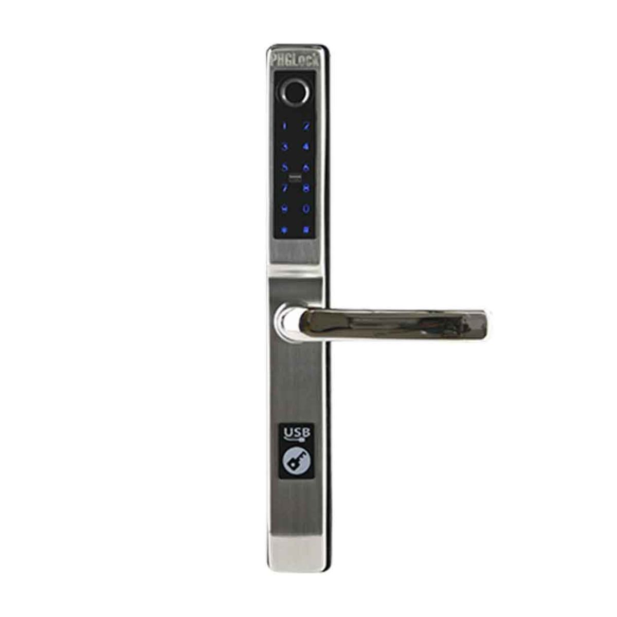 Khóa tay gạt cửa nhôm thẻ MI, mật mã, vân tay, chìa khóa cơ PHGLock FP5293 màu bạc