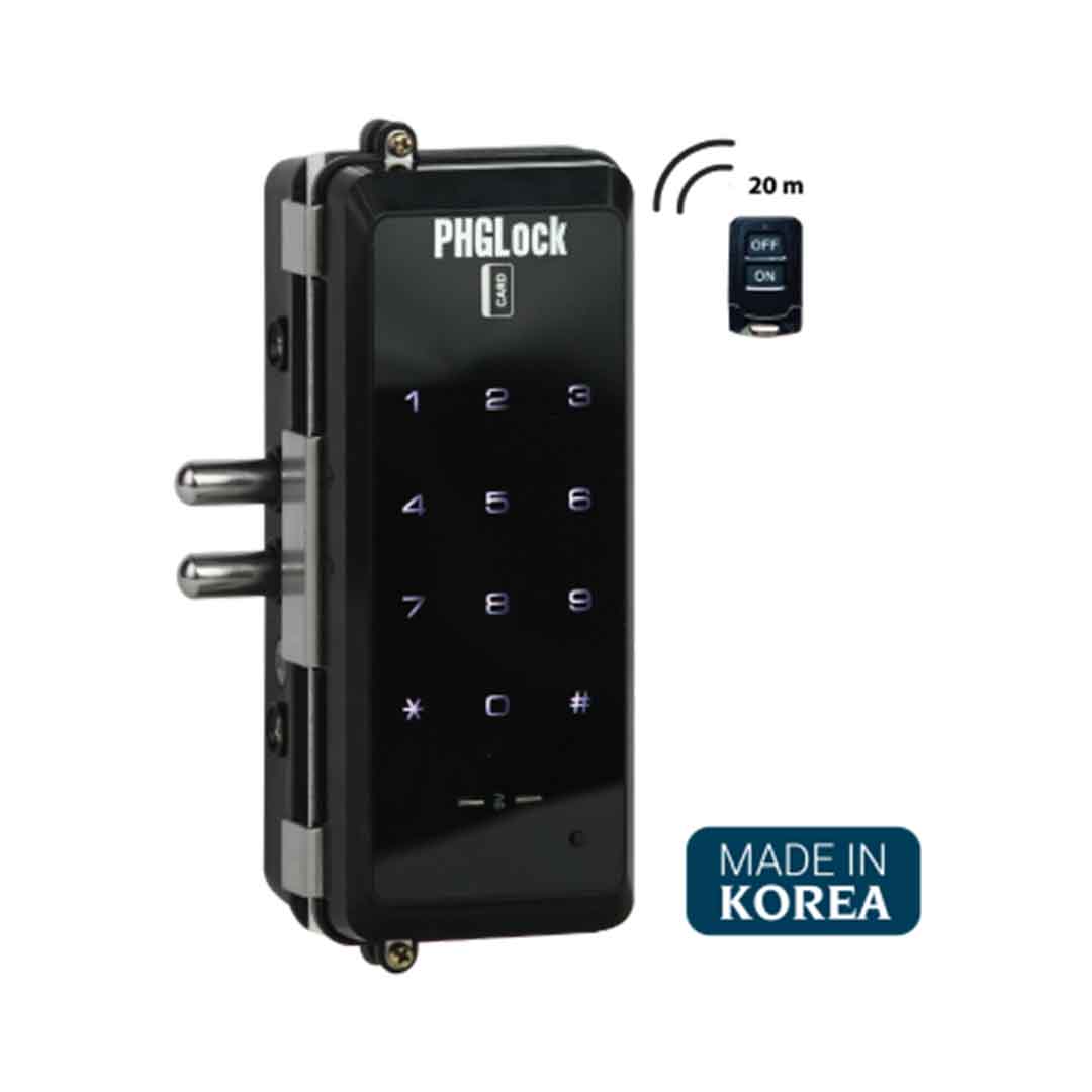 Khóa cửa kính thông minh thẻ từ, vân tay, mật mã chủ, 5 remote từ xa PHGLock FG9300W (Korea)