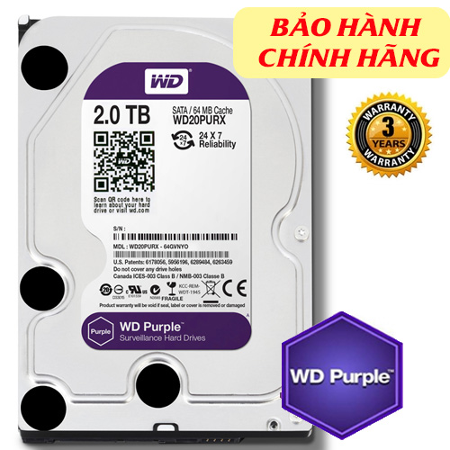Western WD Purple WD20PURZ 2TB 3.5" SATA 3/ 64MB Cache/ 5400RPM dòng ổ cứng chuyên dụng cho camera (chính hãng)