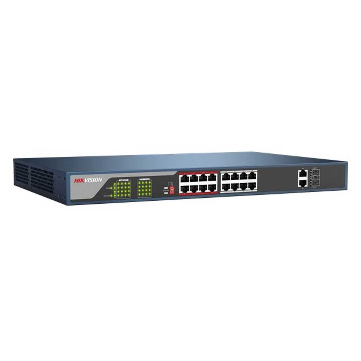 Switch cấp nguồn PoE 16 cổng Hikvision DS-3E0318P-E(C) 2 cổng kết nối RJ45 1000Mbps, 2 cổng 1000Mbps SFP