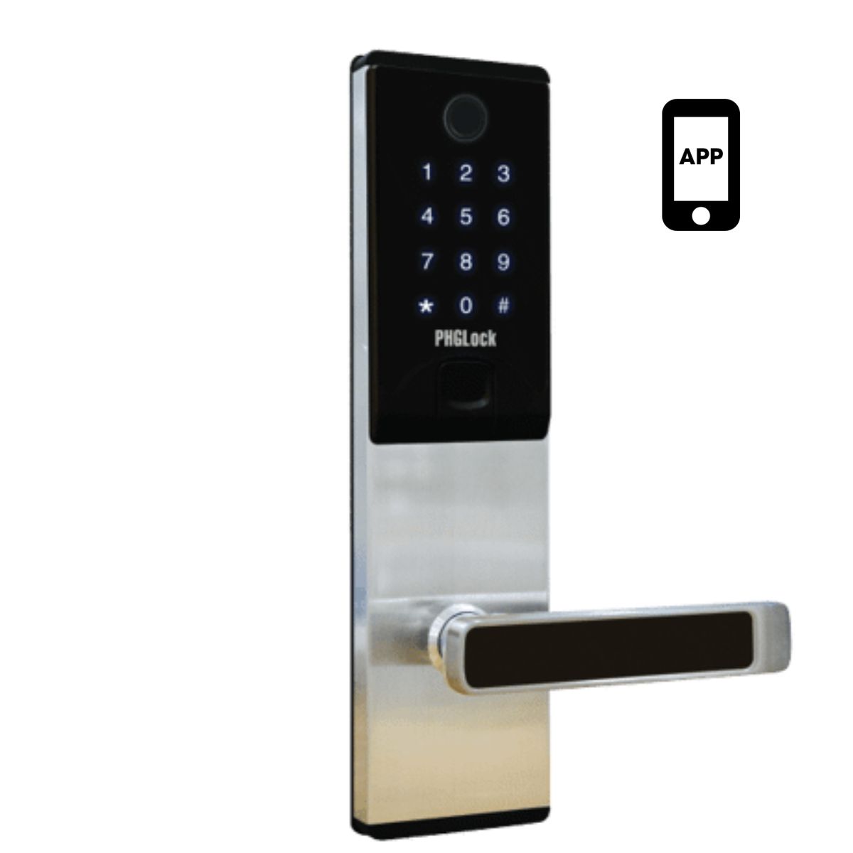 Khóa cửa tay gạt cho căn hộ PHGLock FP7868 dùng thẻ MI, mật mã, vân tay và chìa khóa cơ (Tùy chọn APP)