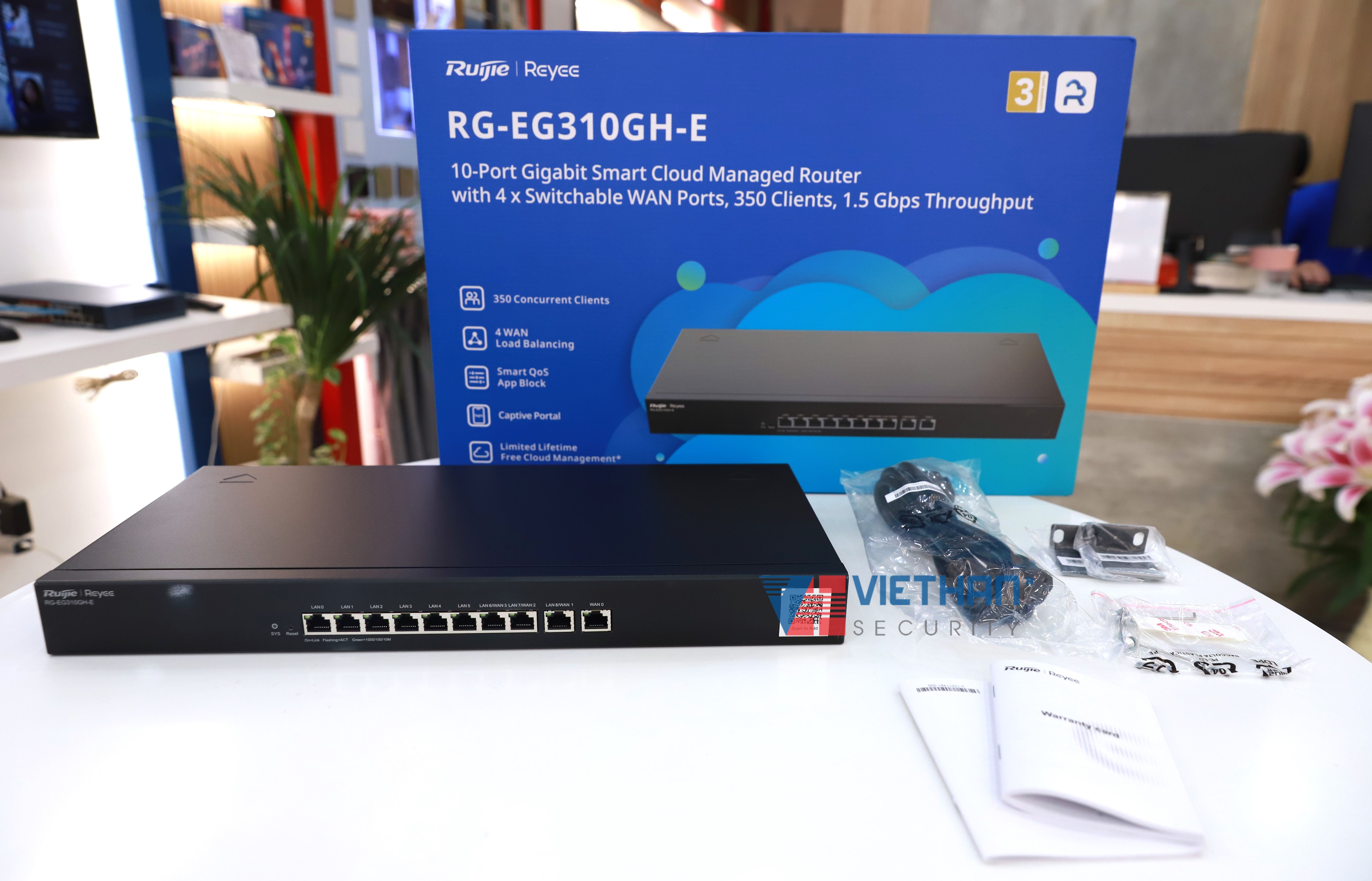 Smart Gateway 10 cổng Ruijie RG-EG310GH-E tốc độ 1.5Gbps, 300 người dùng đồng thời 