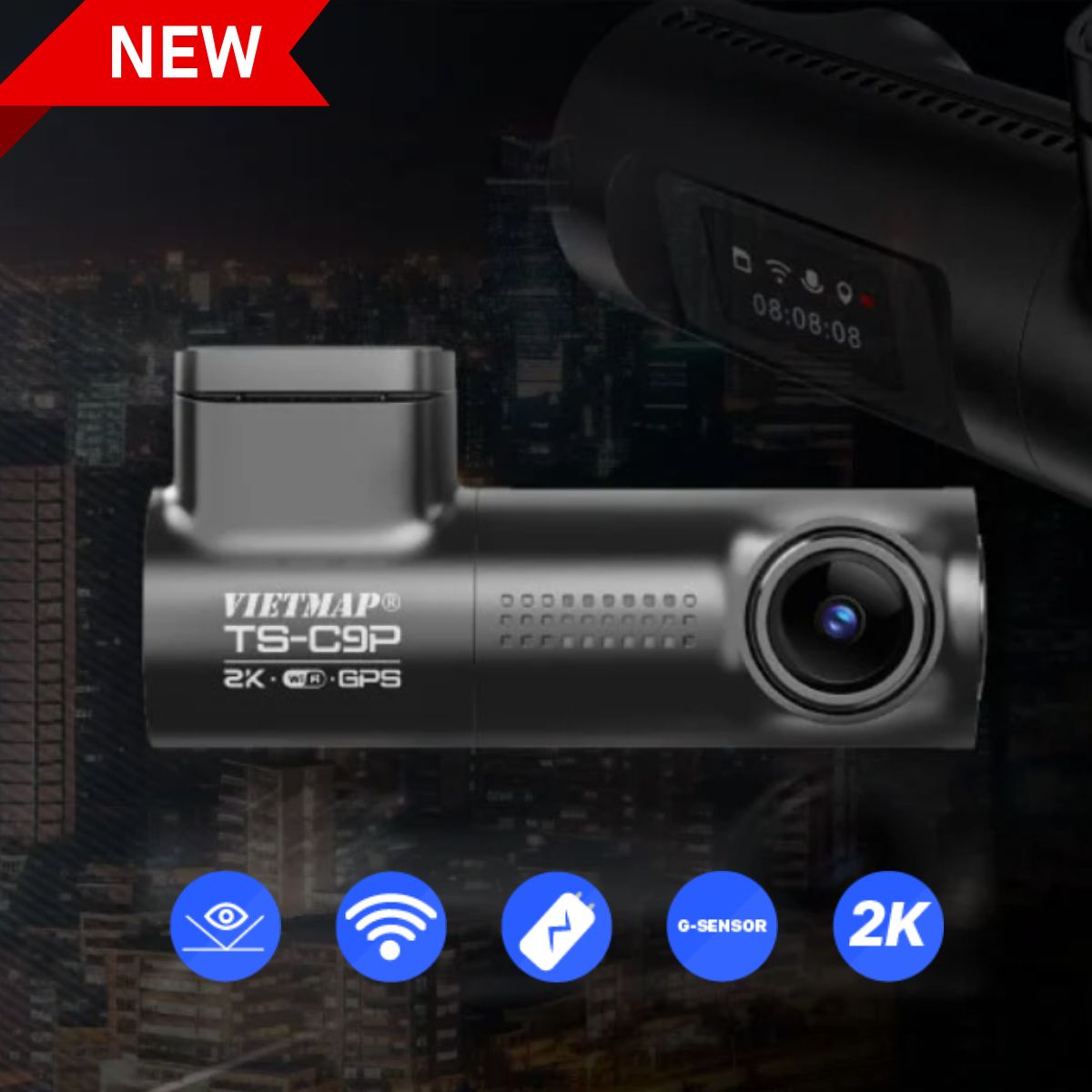 Camera giám sát hành trình 2K Super HD Vietmap TS-C9P Cảm biến G-Sensor, màn hình LCD 0,96 inch, chip GPS