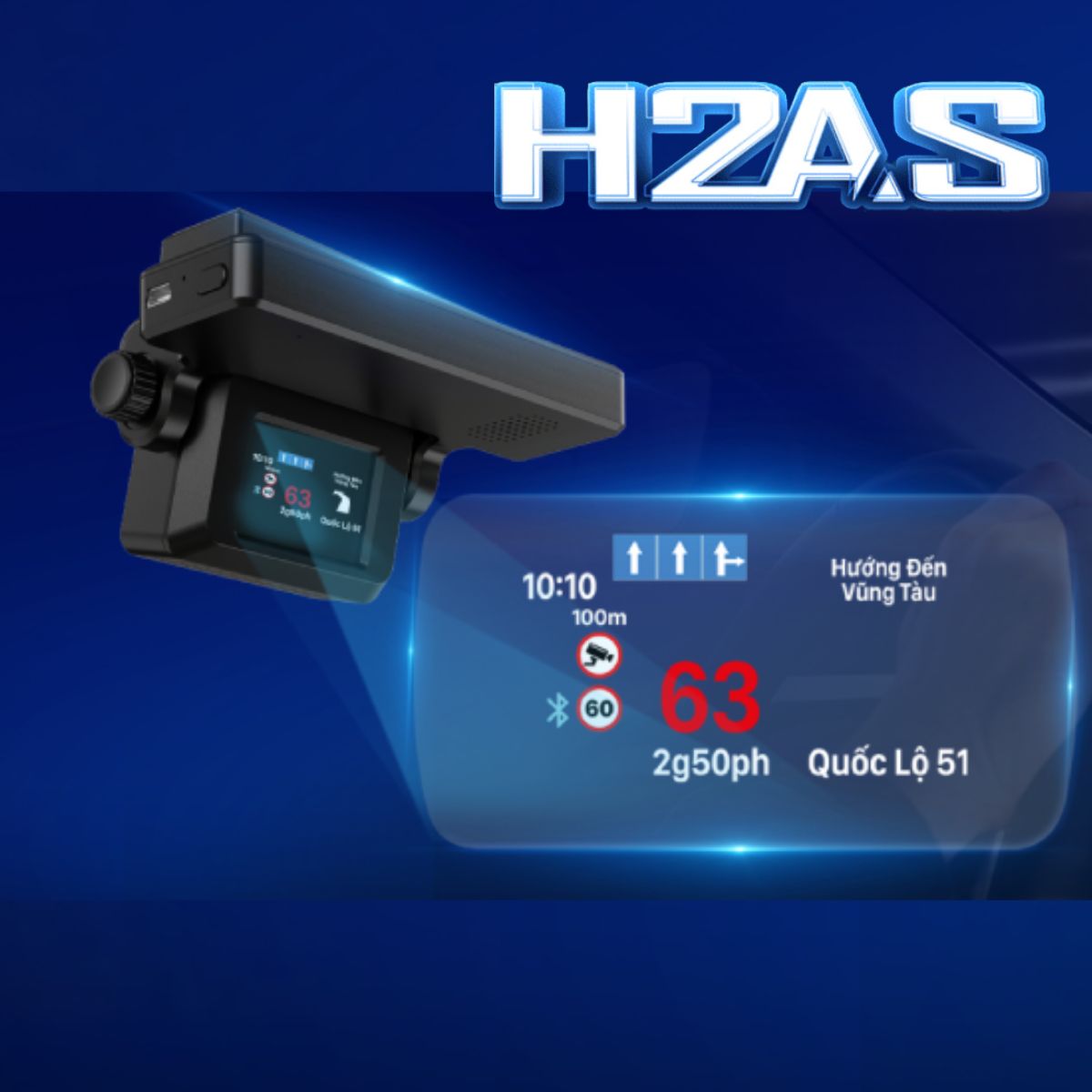 Màn hình Hub hiển thị kính lái Vietmap H2AS cảnh báo camera phạt nguội, hiển thị tốc độ
