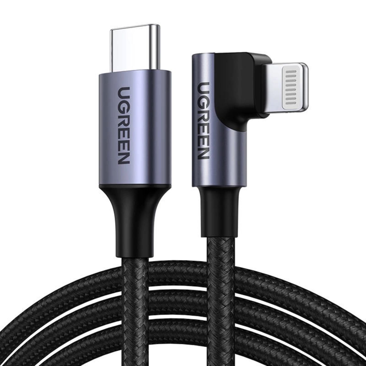 Cáp sạc 2m USB Lightning vuông góc Ugreen 60765 US305 màu đen, tốc độ 480Mbps, sạc nhanh 3A