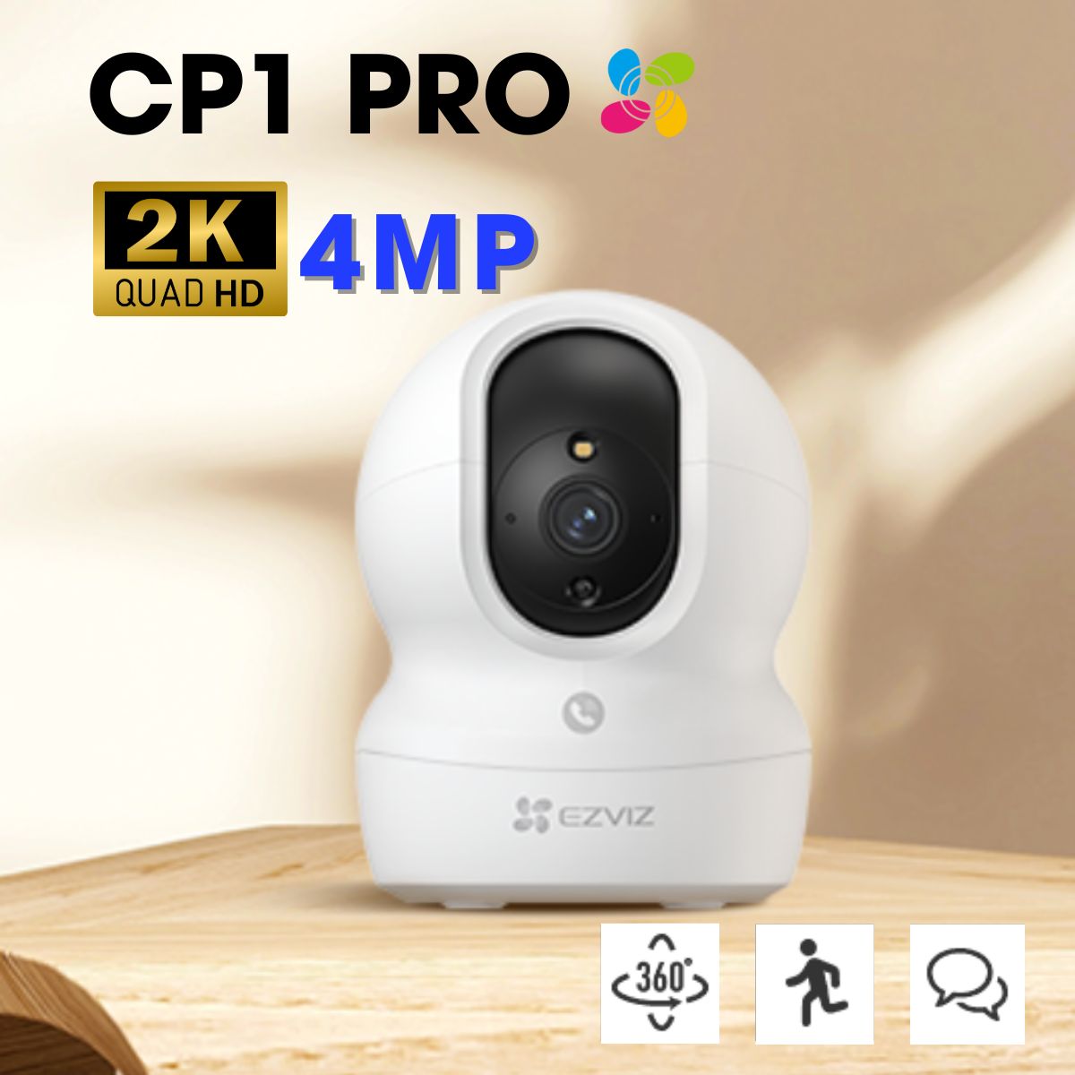 Camera Ezviz CP1 Pro 2K 4Mp quay 360 độ, phát hiện dạng người, đàm thoại hai chiều, đèn còi báo động